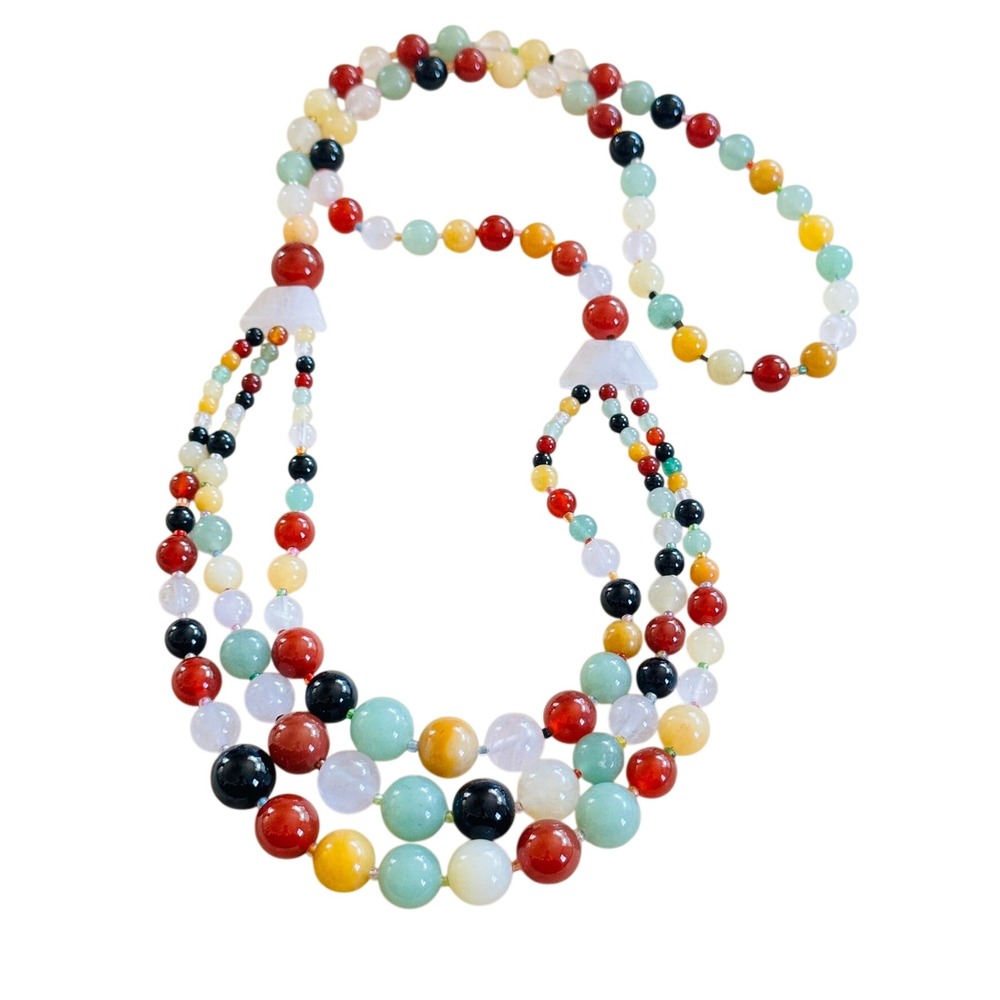 VTG Multi Gemstone Necklace Rose Quartz Onyx Jade Carnelian Round Smooth Beaded